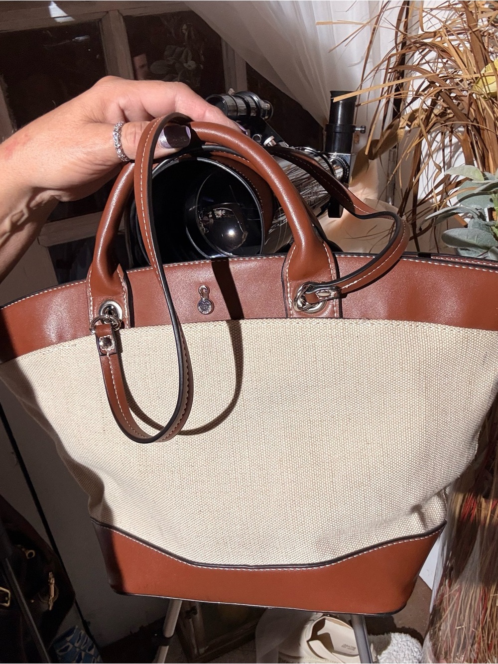 London Fog Two-Tone Canvas & Leather Crossbody Tote - Brown & Cream
